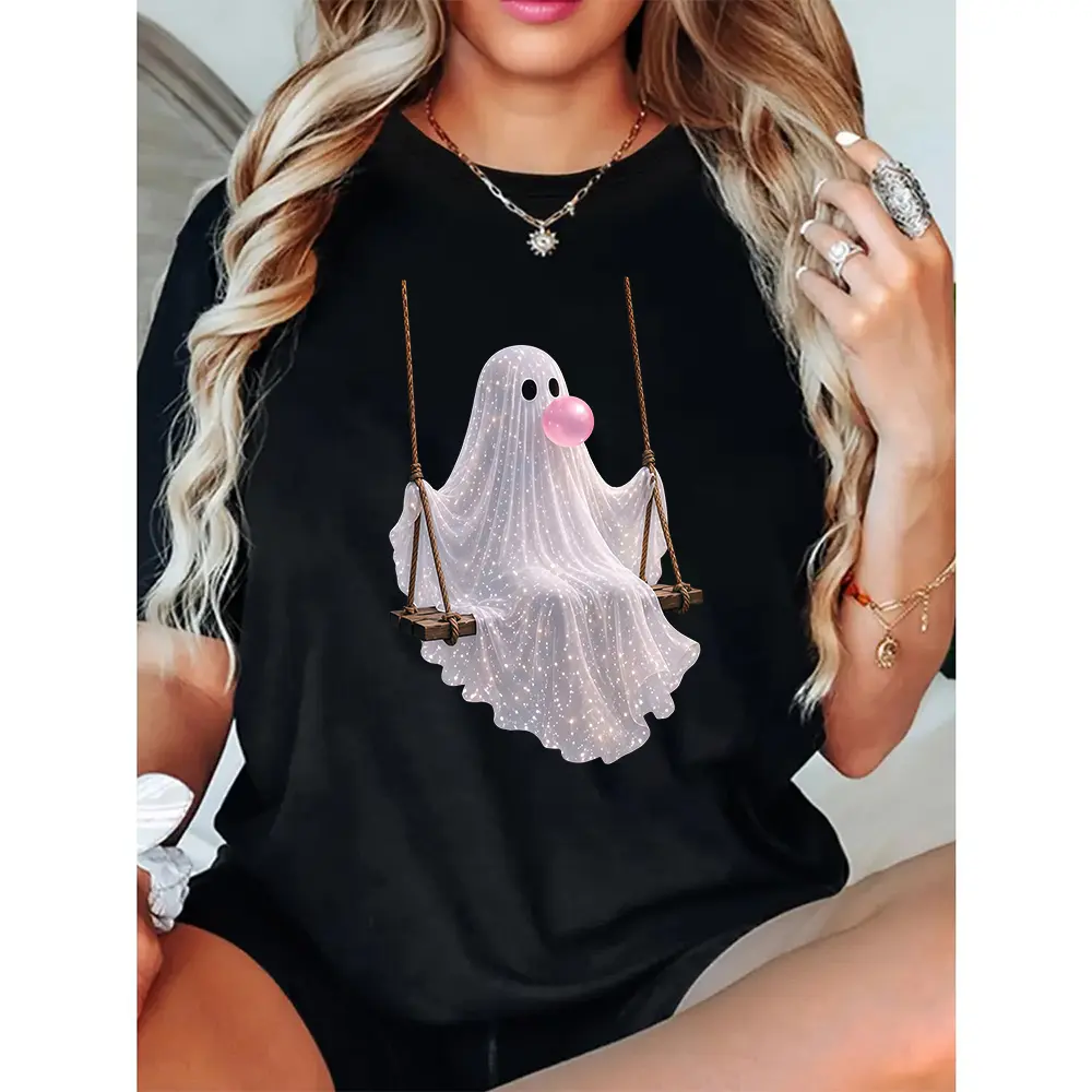 Ghost Swing Halloween Shirt, Glowing Spooky Ghost Tee, Bubblegum Ghost Graphic Shirt, Cute October Outfit, Whimsical Fall Gift for Women Tee