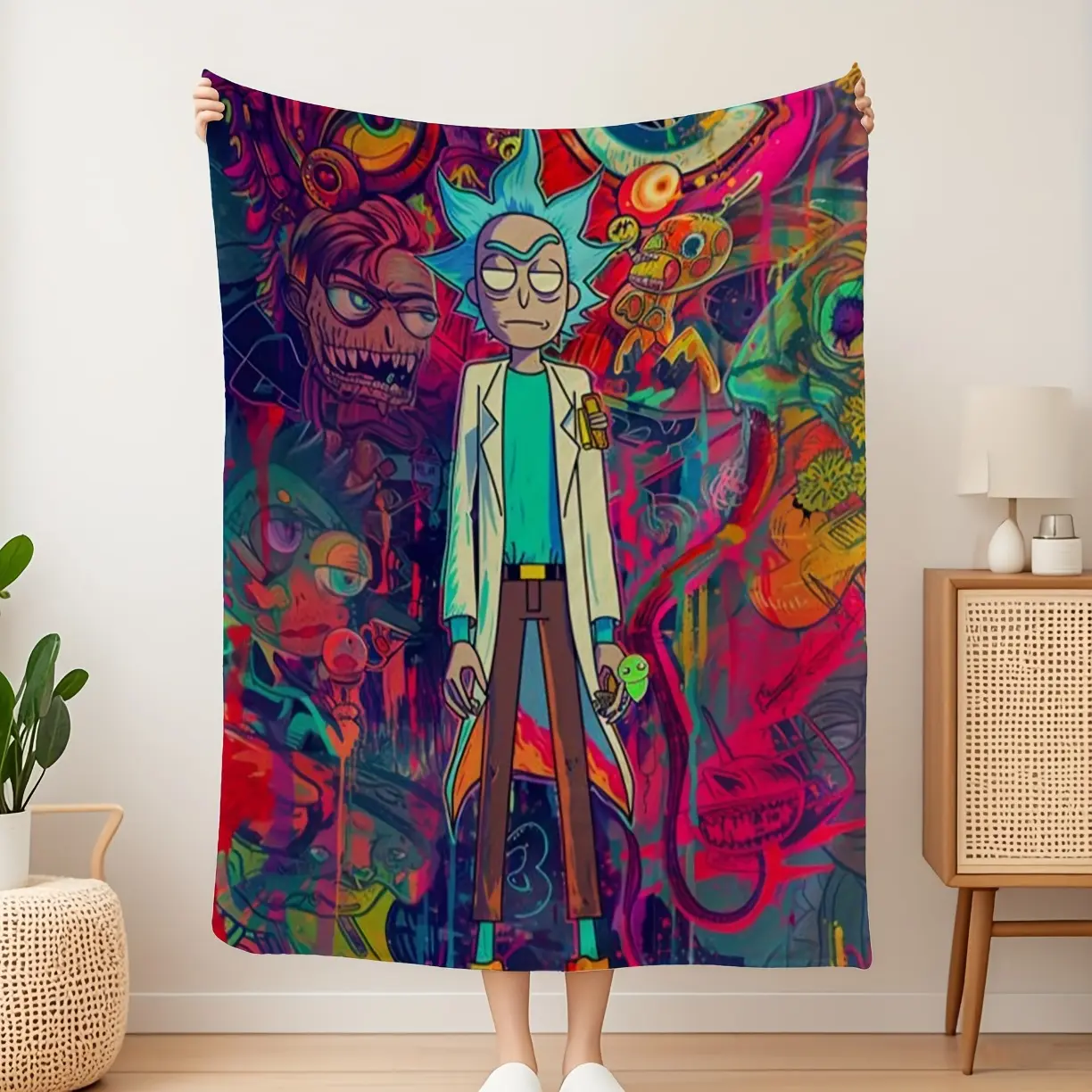 Rick and Morty Official Flannel Throw Blanket - Soft Heavy-Duty All-Season Couch, Bed, Camping & Office Blanket -  Multi-Color Spaceship Patterns for Living Room, Outdoor Adventures - Rick and Morty Merchandise, Throw Blanket for Couch, Cozy Home Decor,