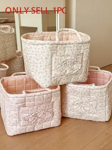 Pink floral storage basket, ruffle trim storage bag with handle, multi-purpose home storage box, suitable for cosmetics, sundries and wardrobe organization