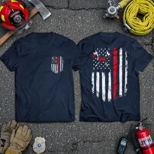 [100% Cotton] Patriotic Firefighter T Shirt, Firefighter Flag Graphic Tee, Distressed American Flag Back Print Shirt, Double Sided Thin Red Line Short Sleeve Tee, First Responder Firefighter Gift For Men Women