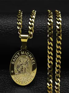 Saint Michael Protect Us Archangel Pendant Necklace for Men & Women, Stainless Steel Jewelry for Party, Daily Clothing Decor, for Gift, Cuban Link Chain