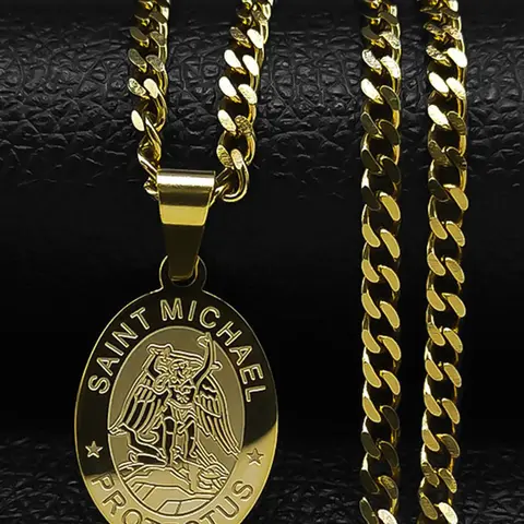 Saint Michael Protect Us Archangel Pendant Necklace for Men & Women, Stainless Steel Jewelry for Party, Daily Clothing Decor, for Gift, Jewelry Gifts, Cuban Link Chain