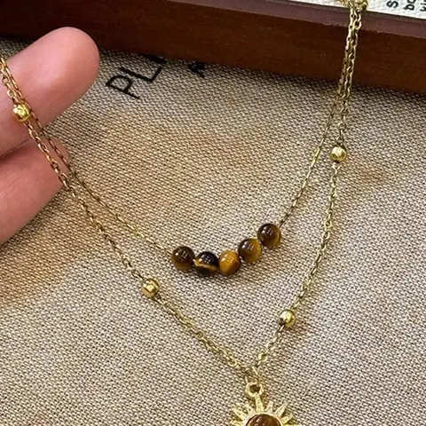 Vintage Sunflower Tiger Eye Stone Pendant Necklace, Double Layer Design, Boho Style Jewelry, Women's Daily Wear and Party Jewelry, Casual Style Necklaces