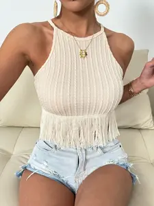 Women's Plain Textured Fringe Trim Short Crop Tank Top, Casual Boho Bohemian Sleeveless Halter Neck Top for Daily Wear, Ladies Clothes for All Seasons Womenswear