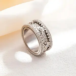 Metal Round Rotating Gear Ring, Full Drill Cnc Embellished Mechanical Feel, Trendy Starburst Design, Unisex Fashion Accessory