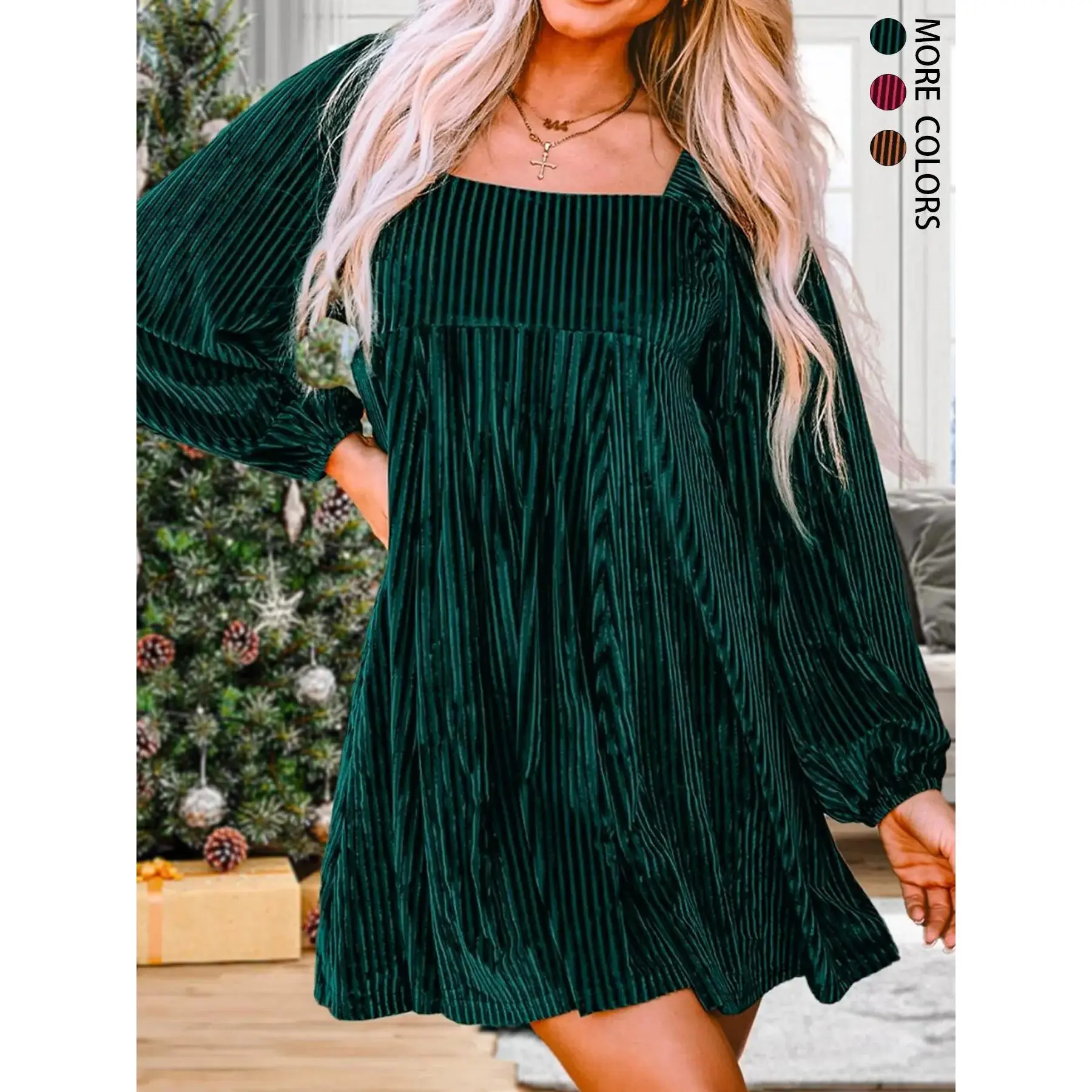 Women's Plain Bishop Sleeve Tie Back Square Neck Elastic Velvet Dress, Elegant Long Sleeve A Line Short Dress for Party Holiday Wedding Guest, Ladies Clothes for Winter
