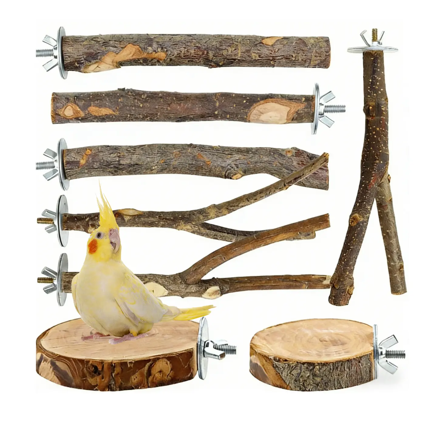 8-Pieces Natural Wood Bird Perch Set, Bird Cage Accessories Kit - Nail Trimming Sticks, Platforms, Colorful Rope/Tug Toy for Small-Medium Parrots