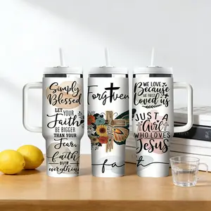1pc 40oz Stainless Steel Thermos Mug Featuring God-inspiring quotes, cross and butterfly elements, a gentle, faith-inspired design. Suitable for outdoor, sports, and indoor use. A personalized gift. Large capacity water bottle Insulated Cups Tumbler