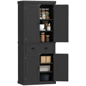 72" Kitchen Pantry Storage Cabinet – Cupboard with 4 Doors, 3 Adjustable Shelves & Large Central Drawer, Black, 172 lbs Capacity, Beadboard Panel Design