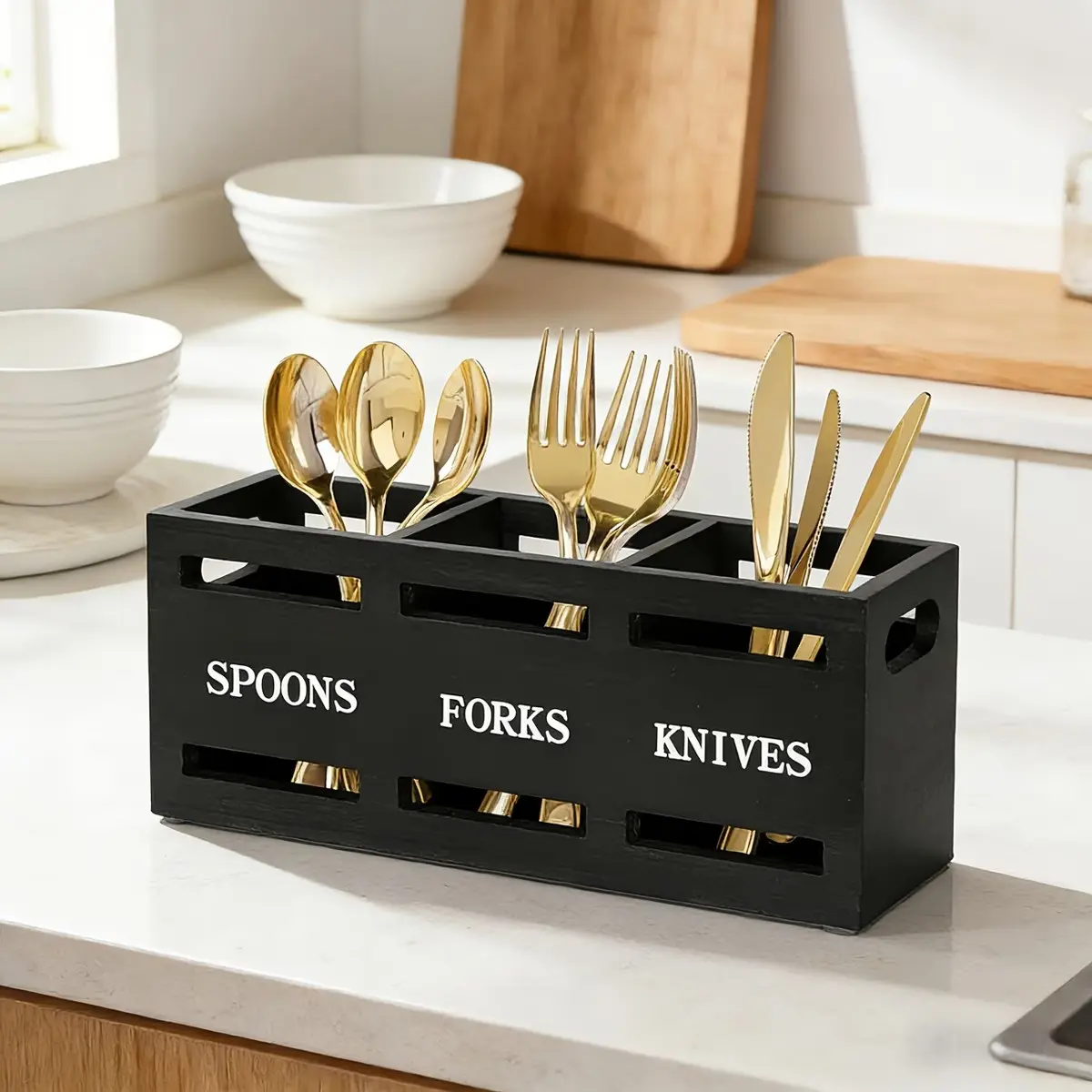 3-Compartment Wooden Cutlery Organizer Rack, minimalist natural style utensil holder with divided storage for forks spoons and knives, kitchen organization essential for countertop storage, dining room and picnic table use