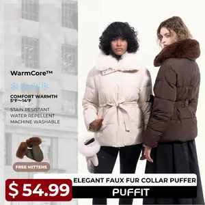 PUFFIT WarmCore Premium Elegant Fur-Collar Puffer Detachable Fur Collar Waist-Defining Slim Fit Puffer Jacket Matching Gloves Available Detachable Button Design Elegant Look Combines Warmth And Beauty — Perfect For Winter Elegance