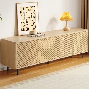 Guyii 64" Mid-Century Modern TV Stand with Fluted Sliding Doors, Boho Farmhouse Entertainment Center for 55-75 inch TV, Media Console Table with Storage & Metal Legs for Living Room, Oak