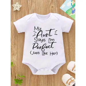 Youngsters Youngsters Cotton Romper - "My Aunt Says I'm Perfect Just Like Her" Letter Print, Short Sleeve, Round Neck Jumpsuit for Boys & Girls - Machine Washable, All-Season Comfort, Youngsters Romper, Perfect for Outdoor