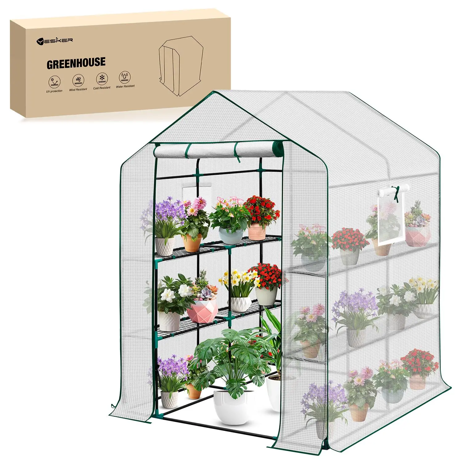 Yesker Greenhouse 57.5"x57"x77" Walk In Green House - Large Outdoor/Indoor Greenhouses with 8 Shelves Waterproof PE Cover & Windows, Portable Greenhouse Kit for Winter Backyard Gardening Patio, White Plant Pot
