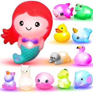 12 PCS Light Up Bath Toys, Toddler Flashing Colourful LED Bathtub Mermaid Toy, Baby Bathtime Floating Rubber Shower Gifts for Infant Kids Girls Valentines Easter Basket Stuffers Pool Party Favor