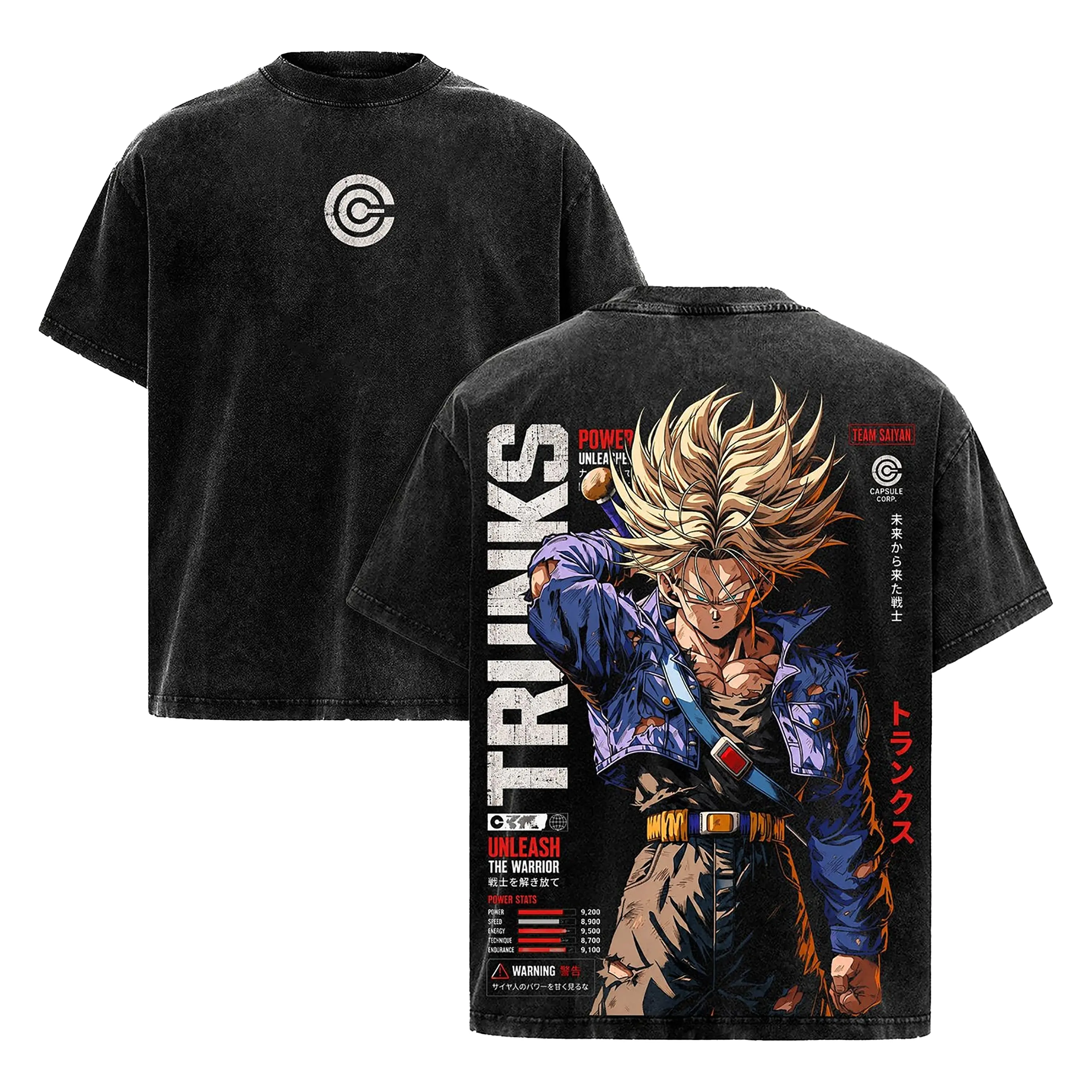 SSJ Trunks Power Unleashed Acid Wash Tee | Capsule Corp Anime Streetwear | Men's Oversized Vintage Graphic Shirt | DBZ Y2K Apparel