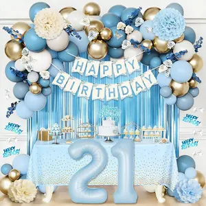 21st Birthday Decorations for Her, Blue Happy 21st Birthday Decorations with Banner, Tablecloth, Fringe Curtains, Balloons, Cake Topper, Paper Pom Poms, 21