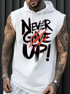 Men's Summer Moisture-Wicking Hooded Tank Top, Breathable Sleeveless T-Shirt, Casual Sports Style, Letter Pattern, Comfortable Fit, Athletic Style Activewear