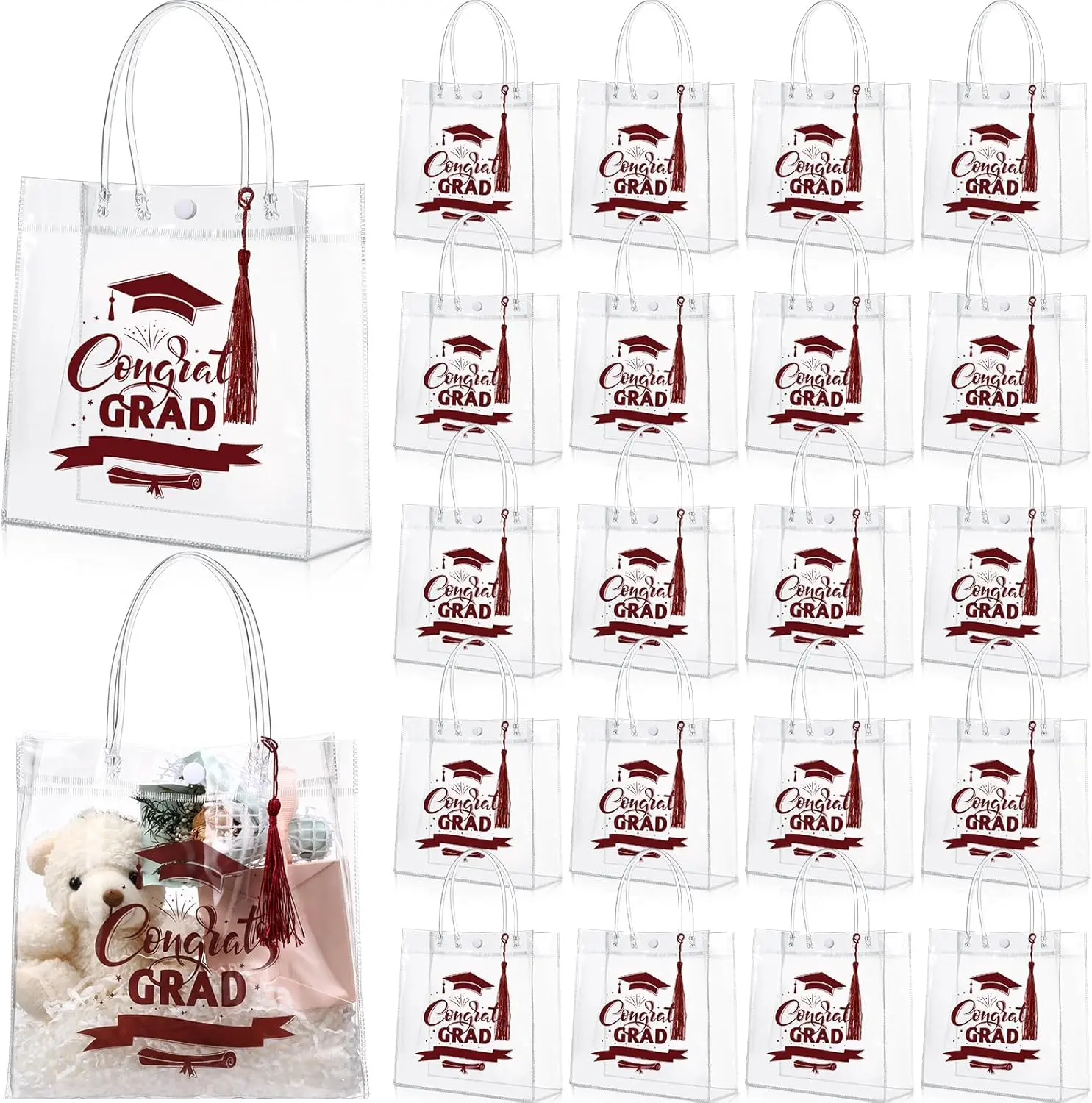 24 Pcs Mini Graduation Clear PVC Goodie Bags Graduation Leis with Tassel Design Grad Cap Pattern Tote Bag Reusable Plastic Wrapping Bags Transparent Bag for Teacher Student,School Classroom Grad Candy Table Party Decorations,7.87 x 7.87 x 3.15 Inche