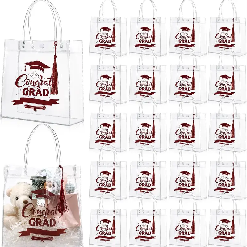 24 Pcs Mini Graduation Clear PVC Goodie Bags Graduation Leis with Tassel Design Grad Cap Pattern Tote Bag Reusable Plastic Wrapping Bags Transparent Bag for Teacher Student,School Classroom Grad Candy Table Party Decorations,7.87 x 7.87 x 3.15 Inche