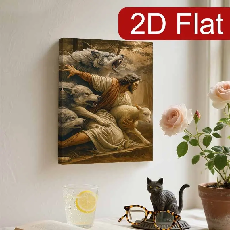 1 Piece Sheep Herder Protects Lambs from Wolves Framed Canvas Wall Art - Wooden Frame Pastoral Religious, Dramatic Sheep and Wolf Scene, Suitable for Office Church Decoration, Christmas Gift, Country Farmhouse Inspired Lamb and Shepherd Print, 2D Flat, Pe