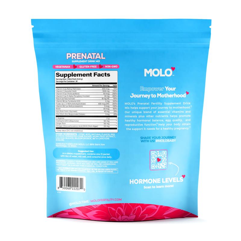MOLO Prenatal Multi-Vitamin Drink Mix for Women – Packed with essential vitamins & antioxidants, DHA Omega-3, Methylfolate, CoQ10, & Iron – 30 Stick Packs with Sweet Orange Flavor – Vegetarian, Gluten-Free & Non-GMO