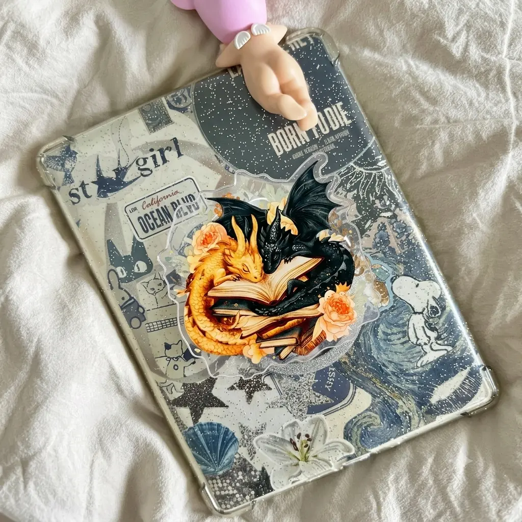 Black and Gold Dragon Phone Grip, Fantasy Novel Reader Gift, Bookish Acrylic Phone Holder, Magical Library Aesthetic Accessory for Phone Case, Cozy Gift Idea