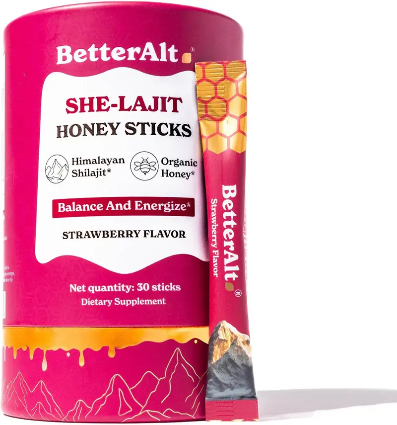 BetterAlt SHE-Lajit Strawberry Honeysticks|Shilajit for Women with Shatavari & Saffron for hormonal Balance & Energy Boost|Tasty Shilajit Honeysticks with Goodness of Pure Himalayan Shilajit|30 Sticks