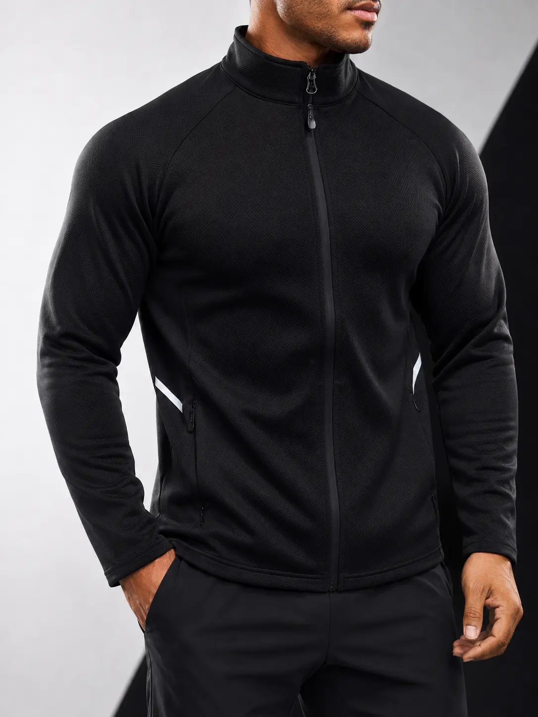 Men’s slim-fit zip athletic jacket, stand collar long-sleeve training outerwear with side zipper pockets, lightweight fitness running jacket