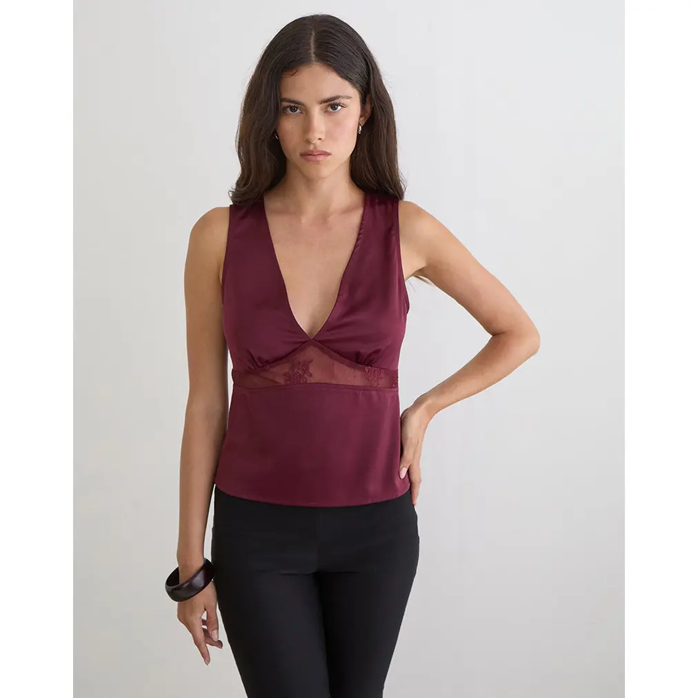 Valeska Lace Insert Top in Satin Zinfandel