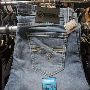 Rock&Roll Denim Straight Leather Revolver Straight Jeans Medium Wash Classic Fit Comfortable Style