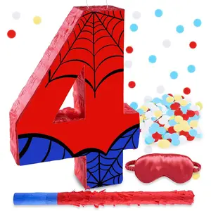 16 Inch Number 4 Spider Web Pinata with Piñata Stick Blindfold Confetti for Boy Girl Kids 4th Birthday Party Decorations
