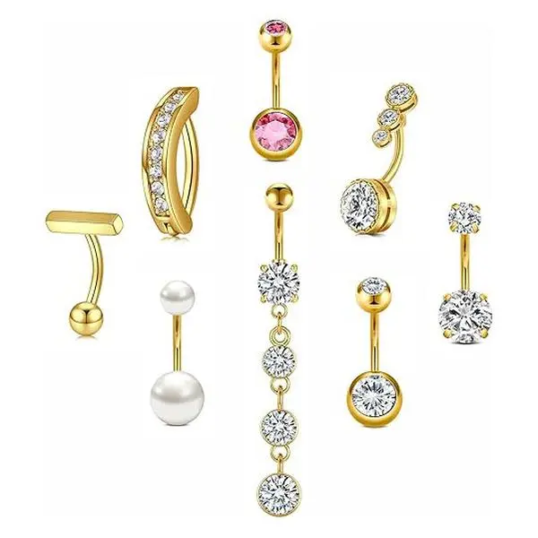 Belly Button Ring Gold Belly Button Piercing Silver Belly Rings for Women Surgical Steel Belly Button Rings Clicker Belly Button Ring Pink Pearl Navel Ring