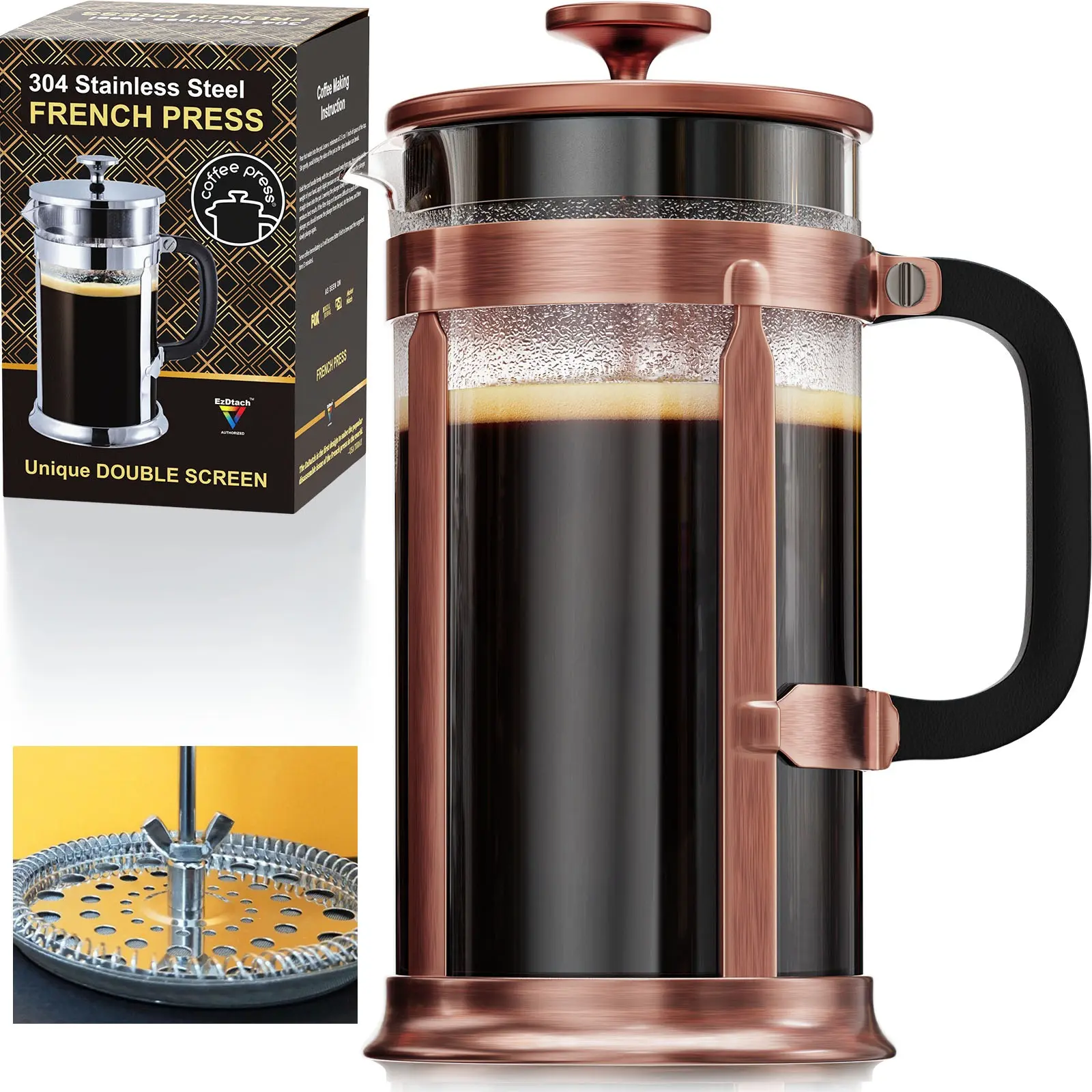 EzDtach French Press Coffee Maker -------with 2 Extra Screens, 34oz, French Press Stainless Steel 304 Grade, Easy Disassemble Design Double Filter, Thick Heat Resistant Glass Pot (Copper)  Tea Borosilicate