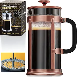 EzDtach French Press Coffee Maker -------with 2 Extra Screens, 34oz, French Press Stainless Steel 304 Grade, Easy Disassemble Design Double Filter, Thick Heat Resistant Glass Pot (Copper)  Tea Borosilicate