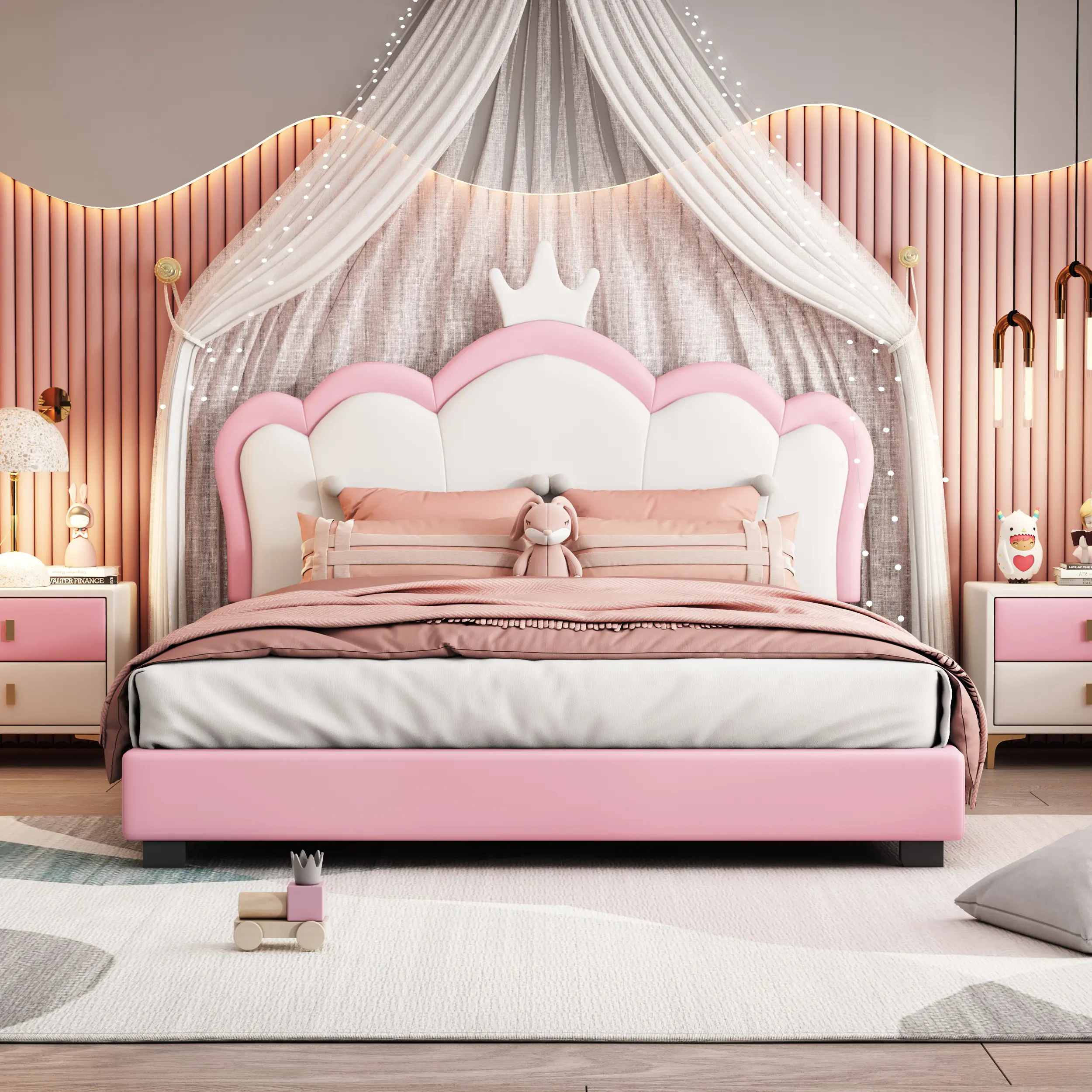Dreamzon Full size Upholstered Princess Bed With Crown Headboard,Full Size Platform Bed with Headboard and Footboard, Cream+Pink(Old SKU:WF303337AAH)