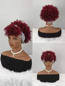 Short Bob Synthetic Wig, Curly Burgundy Wavy Wig with Fringe, Wrap-Around Dual-Purpose Headscarf, Braided High Bun Wig, Hairband Included