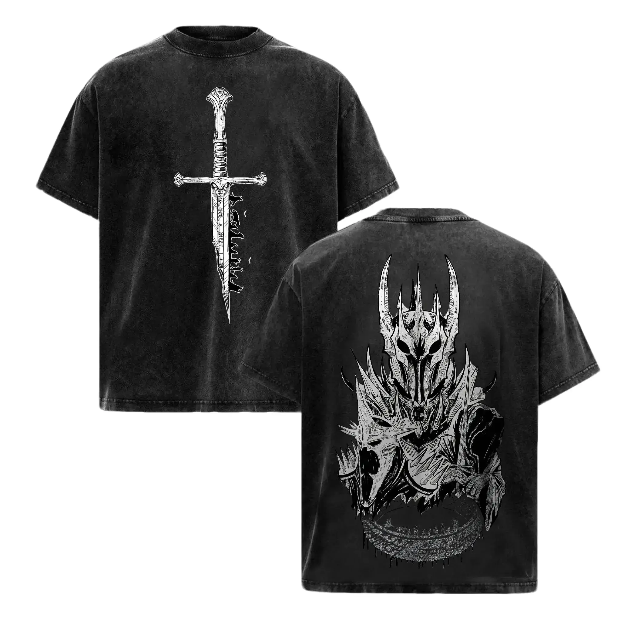 Lord Of The Rings LOTR Sauron Dark Lord Vintage Washed Tee Unisex Oversized Fantasy Movie Graphic T Shirt Heavyweight Cotton Top Retro Streetwear Y2K Aesthetic Dark Grunge Gym Pump Cover Mordor One Ring BookTok Apparel Gift For Nerd Fan