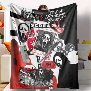 Scream Movie Flannel Blanket, Ghostface Killer Inspired Print, UltraSoft, Cozy and Warm, Perfect as Halloween Decor, Movie Nights, Scary Theme Parties, Dorm Room Essential, or Spooky Gift Idea.