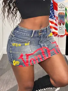 Women's Denim Short Skirt, Vintage Graffiti Print, Y2K High Waist Slim Fit, Elastic, Casual Streetwear, Party Wear