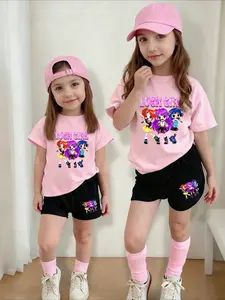 Girls Kpop Cartoon Print Set, Round Neck Short Sleeve T-Shirt & Bell Bottom Pants, Comfortable Elastic Waist, Spring Summer, 4-12 Years, Cute Clothing Set, Clothes Kids