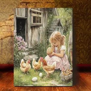2D Flat Easter Egg Painting - 2D Flat Wooden Frame, Girl with Chicken and Eggs, Suitable for Bedroom and Living Room Decoration, Home Wall Decoration|Charming Wall Art|Wooden Frame Art, Egg Decoration