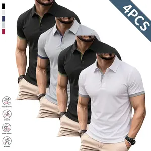 Set of 4 men’s polo shirts, suitable for outdoor activities, running and fitness, and everyday casual wear; tropical style, solid colors.,summervibes