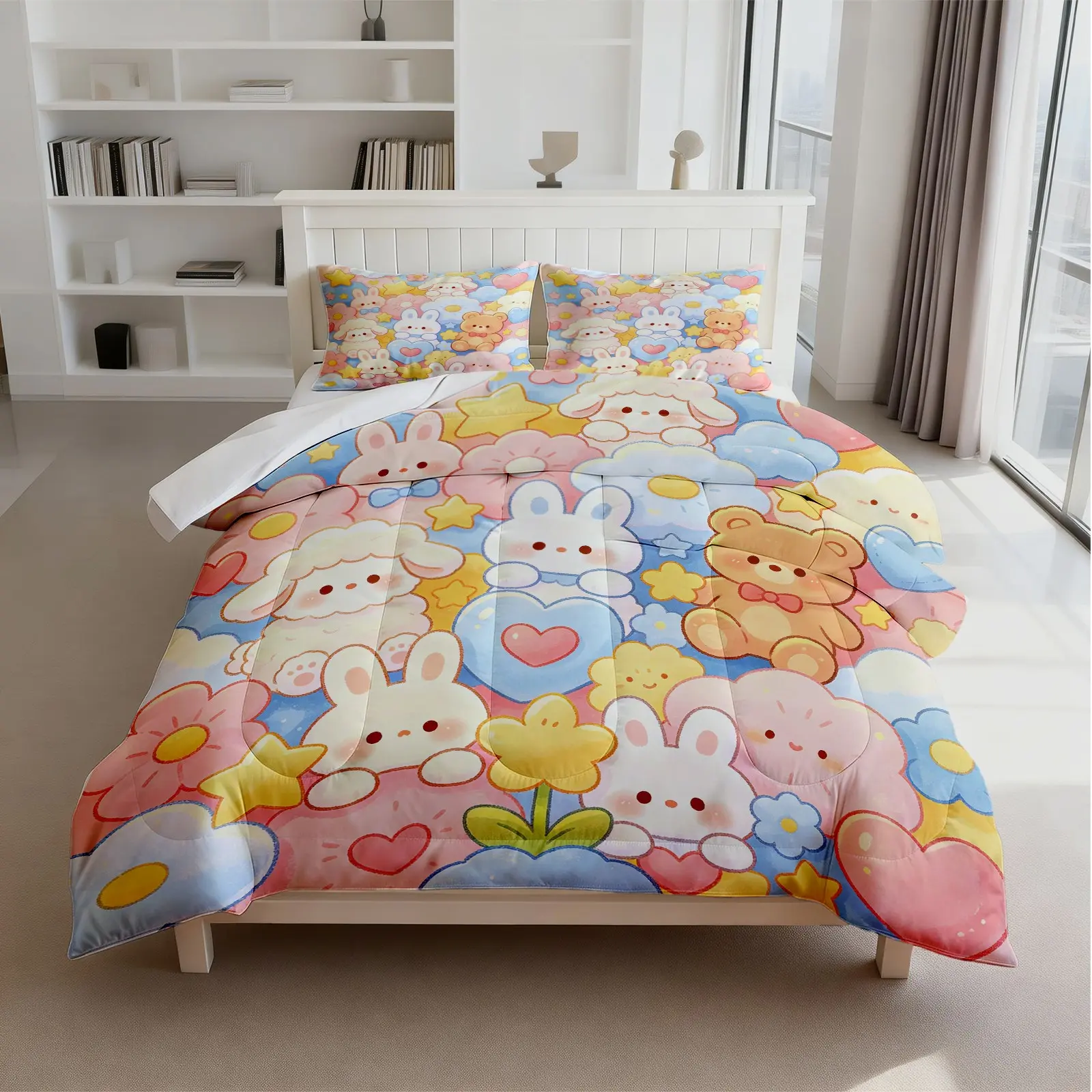 2/3PCS Cute Rainbow Cat Comforter Set, Warm & Thermostatic, Ultra Soft Fabric, Machine Washable, Perfect for Housewarming Birthday Christmas Gift, Filled Quilt (No Pillow Inserts)