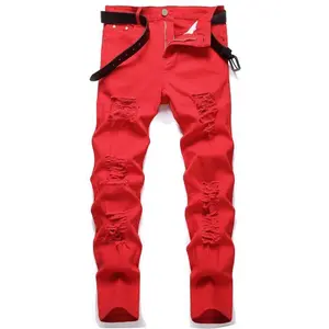 Men's Red Jeans Skinny Fit Ripped Destroyed Distressed Stylish Denim Jeans
