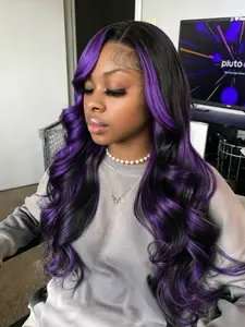 Purple Streaked Black Wavy Wig, 13x4 Lace Front, Tight Small Curls, Long Synthetic Hair, Natural Hairline, Loose Big Curl Lace Front Wig, Heat-Resistant Fiber, Daily Wear, 28 Inches Loose Wavy Curls