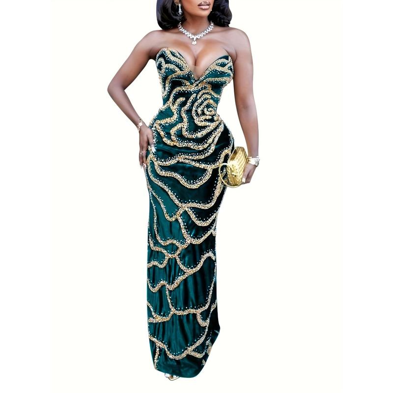 Elegant & Sexy Strapless V-Neck Sequined Dress - Emerald Green & Golden Long Sleeveless Party Dress, Hip-Hugging Machine Washable Formal Evening Gown for Women, All-Season Wear, Evening Event Attire, Elegant Style, Sophisticated Craftsmanship