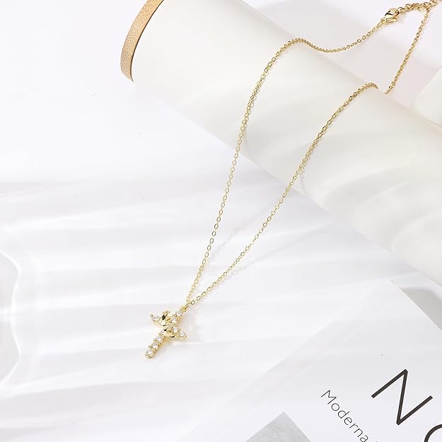 Upgraded 14K Gold Plated Crown Cross Necklace - Non-Tarnish Christian Jewelry for Women, Durable Faith Pendant, Meaningful Valentines Day Religious Gift for Her