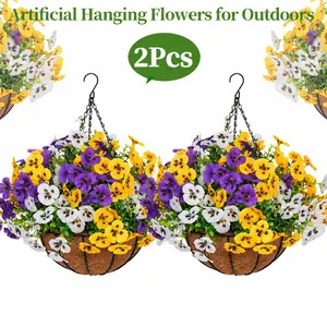 2PCS Artificial Pansy Hanging Baskets, UV Resistant Fade-Resistant Faux Hanging Flowers, Realistic Silk Outdoor Hanging Plants, Weatherproof No Watering No Maintenance Forever Blooming Decor for Porch, Patio, Balcony, Garden, Front Door, Outdoor Decor