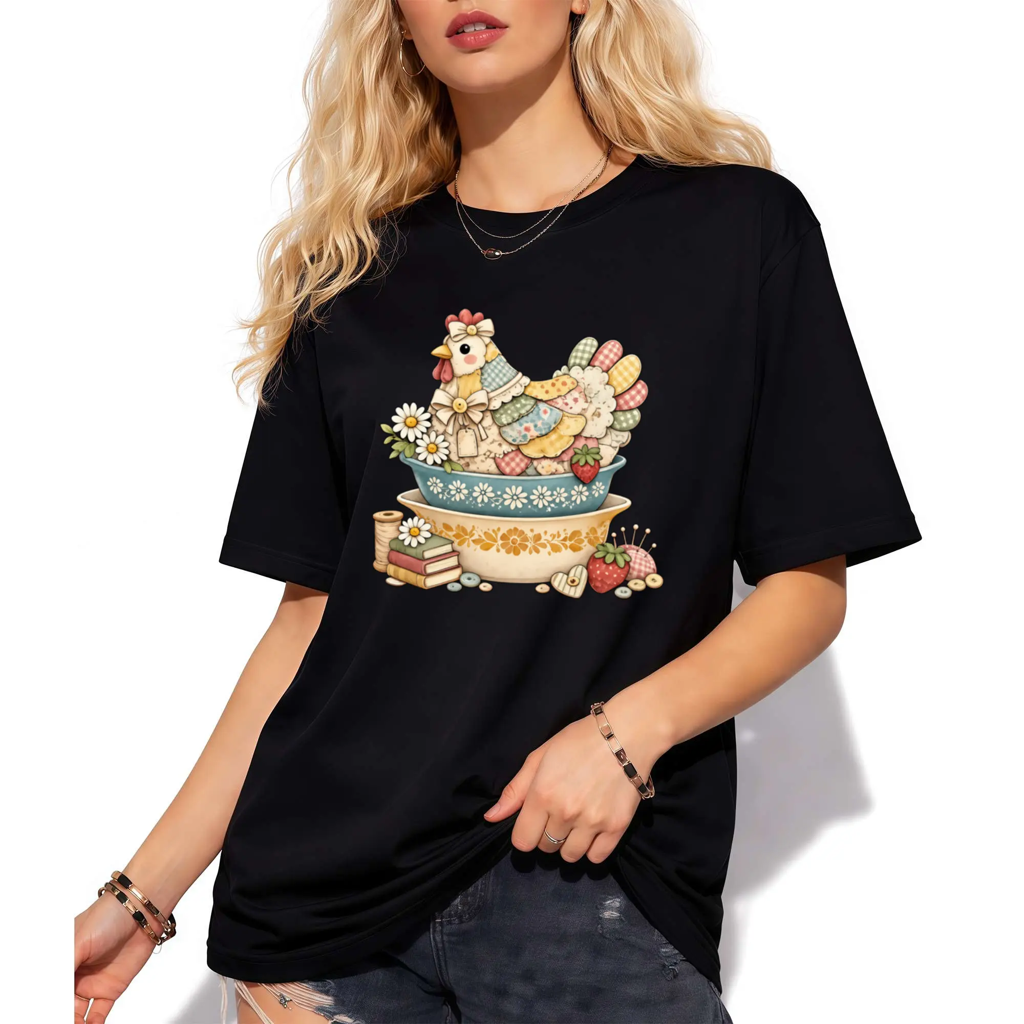 Patchwork Vintage Chicken Pyrex Inspired T-Shirt, Quilted Hen on Nest, Grandma Core Vintage Kitchenware Shirt, Printed Shirt